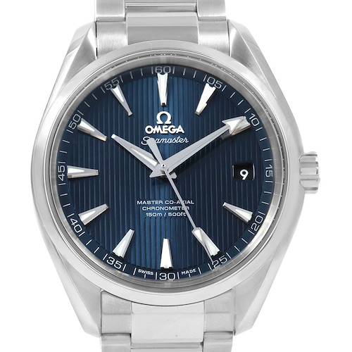This image shows a front view of an Omega Seamaster 231.10.42.21.03.003 Men's Stainless Steel Blue Dial 231.10.42.21.03.003 Men's Stainless Steel Blue Dial watch, highlighting its blue dial, hands, and steel bracelet.