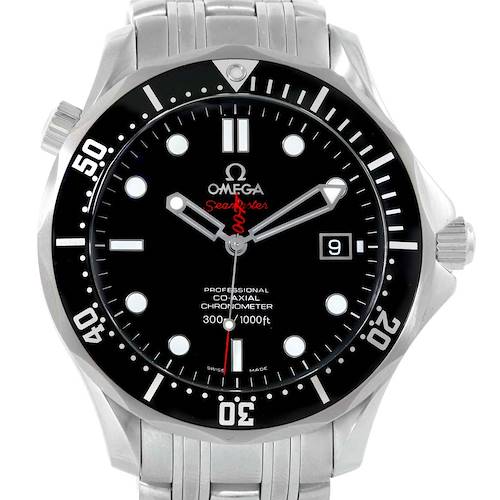The Omega Seamaster 212.30.41.20.01.001 Men's Stainless Steel Black Dial 212.30.41.20.01.001 Men's Stainless Steel Black Dial watch is shown from a front-facing angle, highlighting its dial, bezel, crown, and stainless steel bracelet.