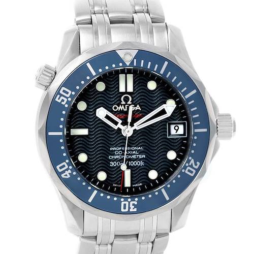 The image shows a frontal view of the Omega Seamaster 2222.80.00 Men's Stainless Steel Blue Dial 2222.80.00 Men's Stainless Steel Blue Dial watch with a blue bezel and stainless steel bracelet.