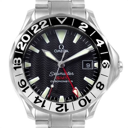 The image shows the front view of an Omega Seamaster 2234.50.00 Men's Stainless Steel Black Dial 2234.50.00 Men's Stainless Steel Black Dial GMT Chronometer watch, featuring its dial, hands, and bezel.