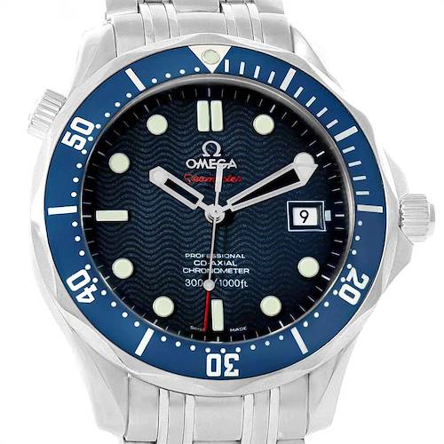The image shows a front view of an Omega Seamaster 2220.80.00 Men's Stainless Steel Blue Dial 2220.80.00 Men's Stainless Steel Blue Dial watch, highlighting the dial, hands, date window, bezel, and part of the bracelet.