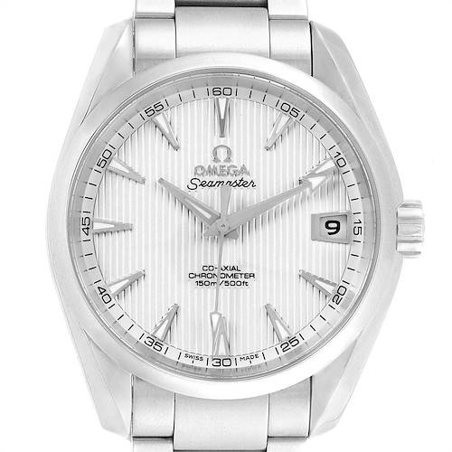 The image shows a front view of the Omega Seamaster 231.10.39.21.02.001 Men's Stainless Steel Silver Dial 231.10.39.21.02.001 Men's Stainless Steel Silver Dial watch, highlighting its face, bezel, and a portion of the metal bracelet.