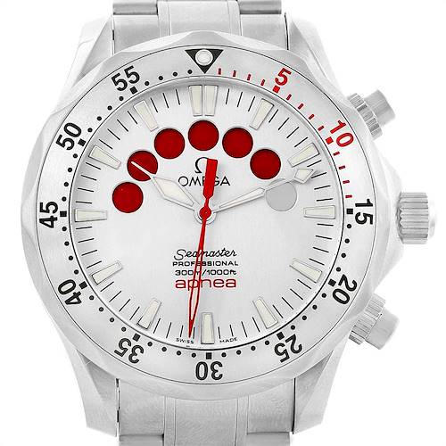 This is a front view of an Omega Seamaster 2595.30.00 Men's Stainless Steel Silver Dial 2595.30.00 Men's Stainless Steel Silver Dial watch showing the face, bezel, and crown.