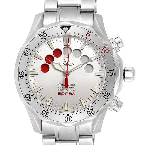 The image shows a front view of the Omega Seamaster 2595.30.00 Men's Stainless Steel Silver Dial 2595.30.00 Men's Stainless Steel Silver Dial watch, including its dial, bezel, and bracelet.