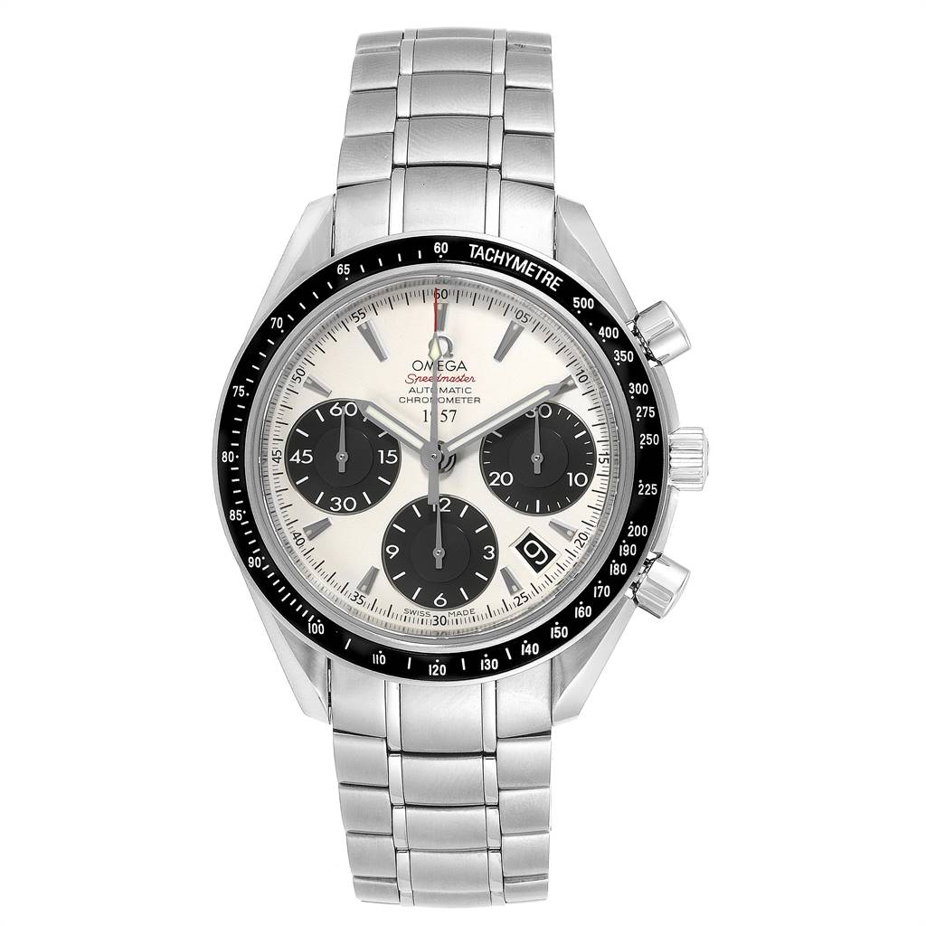 The image shows a front view of an Omega Seamaster 323.30.40.40.02.001 Men's Stainless Steel White Dial 323.30.40.40.02.001 Men's Stainless Steel White Dial watch, displaying the face, tachymeter bezel, and metal bracelet.