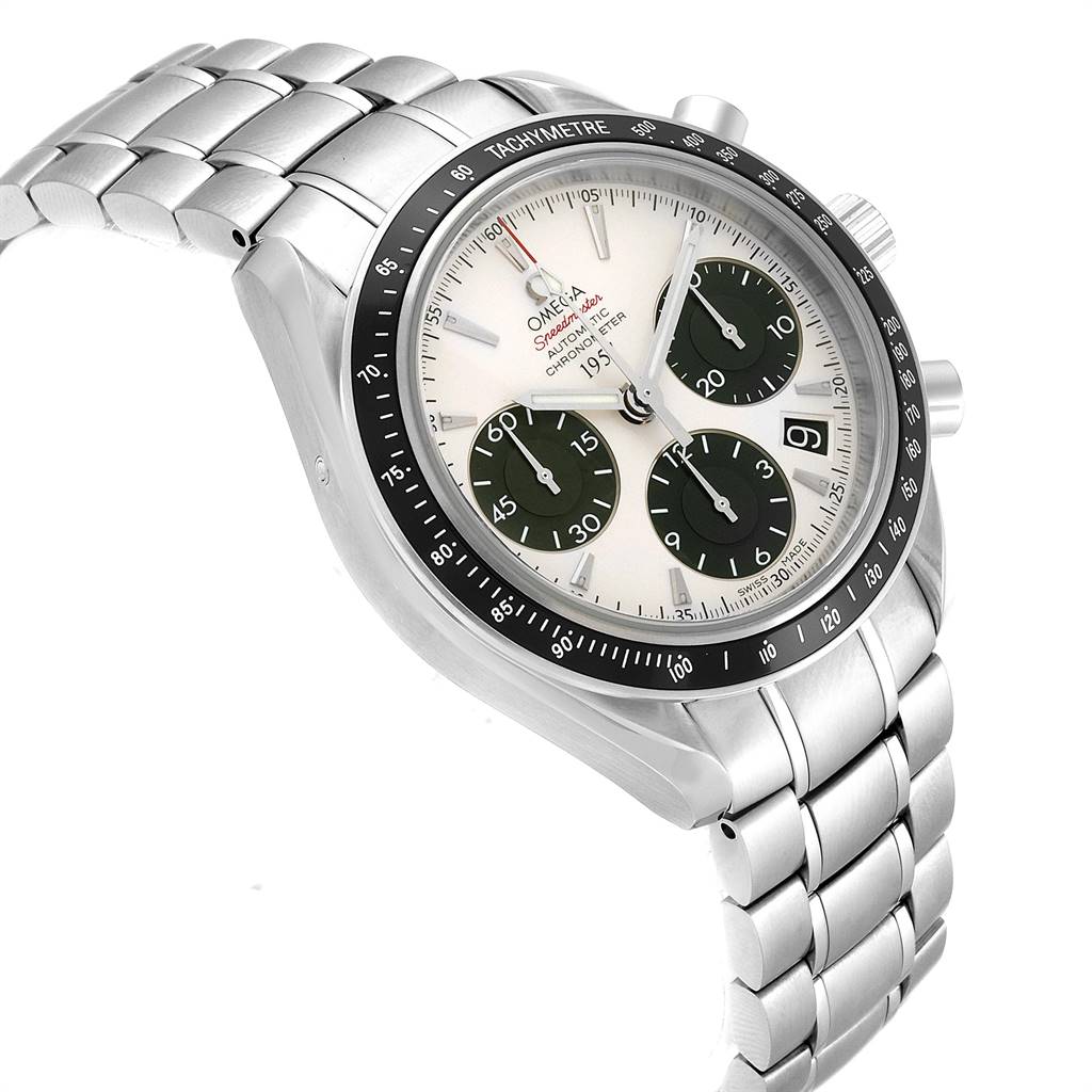 The image shows an angled view of an Omega Seamaster 323.30.40.40.02.001 Men's Stainless Steel White Dial 323.30.40.40.02.001 Men's Stainless Steel White Dial watch, highlighting its dial, bezel, and metal bracelet.