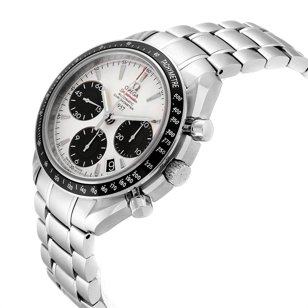 The Omega Seamaster 323.30.40.40.02.001 Men's Stainless Steel White Dial 323.30.40.40.02.001 Men's Stainless Steel White Dial watch is shown at an angle displaying its dial, bezel, crown, pushers, and stainless steel bracelet.