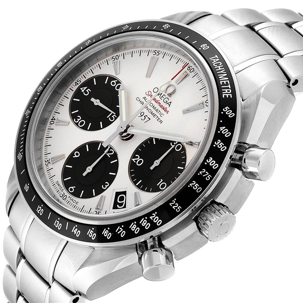 The Omega Seamaster 323.30.40.40.02.001 Men's Stainless Steel White Dial 323.30.40.40.02.001 Men's Stainless Steel White Dial watch is shown from a three-quarter side angle, highlighting the dial, bezel, crown, and part of the bracelet.