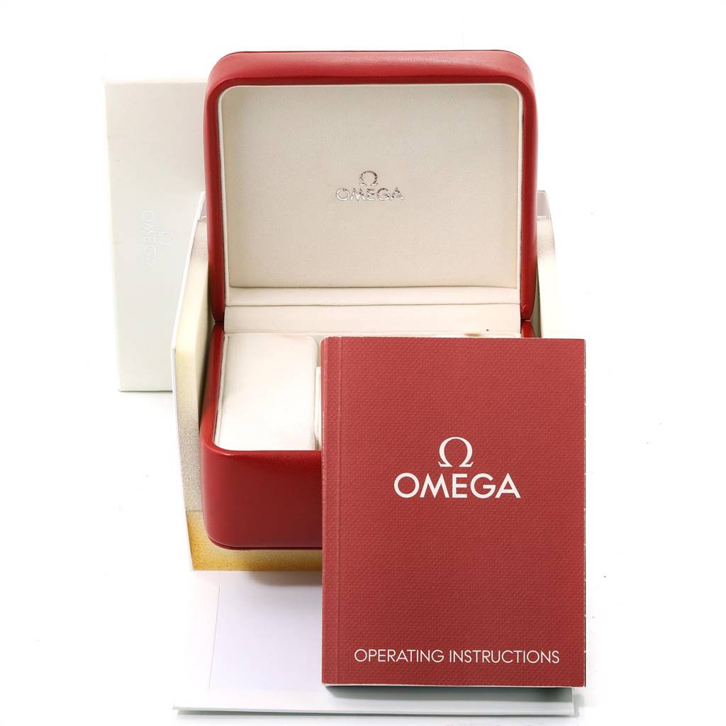 The image shows an Omega Seamaster 323.30.40.40.02.001 Men's Stainless Steel White Dial 323.30.40.40.02.001 Men's Stainless Steel White Dial watch box with operating instructions in front.