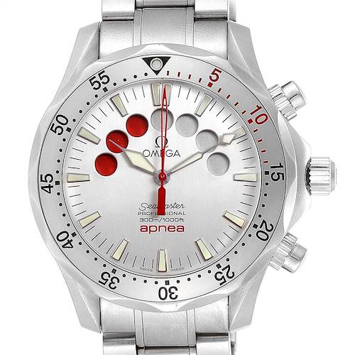 This image shows a front view of the Omega Seamaster 2595.30.00 Men's Stainless Steel Silver Dial 2595.30.00 Men's Stainless Steel Silver Dial Professional Apnea watch, highlighting the dial, hands, and bezel.