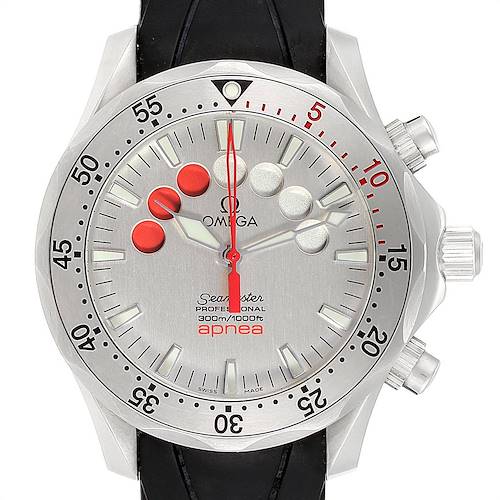 The image shows a front view of the Omega Seamaster 2595.30.00 Men's Stainless Steel Silver Dial 2595.30.00 Men's Stainless Steel Silver Dial Professional Apnea watch, displaying the dial, bezel, and crown.