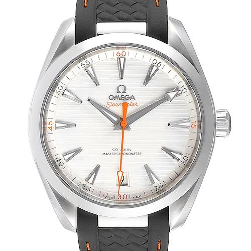 The image shows a front view of an Omega Seamaster 220.12.41.21.02.002 Men's Stainless Steel Silver Dial 220.12.41.21.02.002 Men's Stainless Steel Silver Dial watch, highlighting the dial, markers, hands, and a section of the strap.
