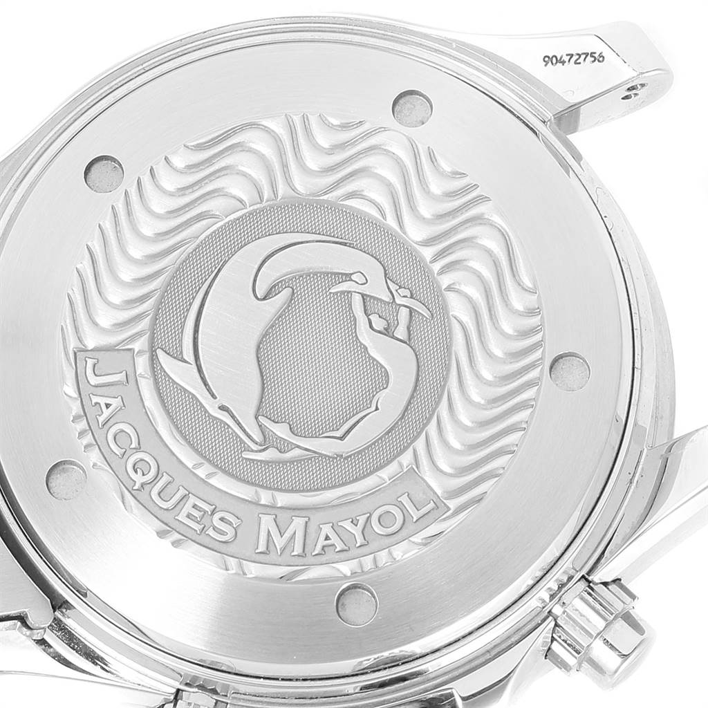 The image shows the case back of the Omega Seamaster 2595.30.00 Men's Stainless Steel Silver Dial 2595.30.00 Men's Stainless Steel Silver Dial watch, featuring an embossed Jacques Mayol design.