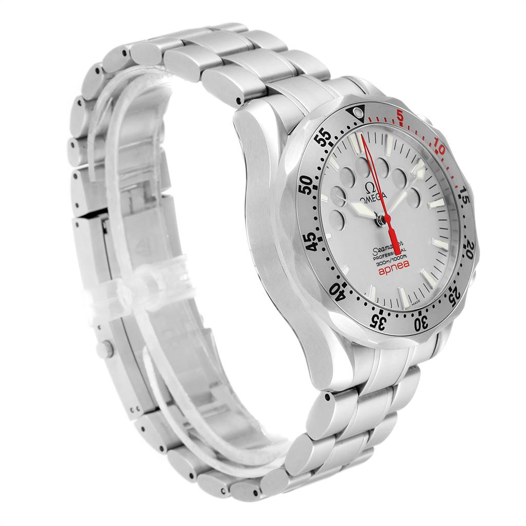 The image shows an angled view of the Omega Seamaster 2595.30.00 Men's Stainless Steel Silver Dial 2595.30.00 Men's Stainless Steel Silver Dial watch, highlighting the bracelet and detailed face with red and black accents.