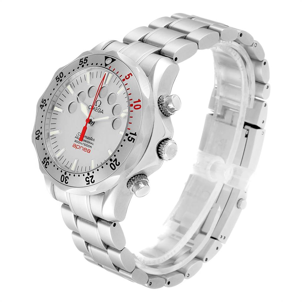 The image shows an Omega Seamaster 2595.30.00 Men's Stainless Steel Silver Dial 2595.30.00 Men's Stainless Steel Silver Dial watch from a three-quarter angle, highlighting the face, bezel, chronograph buttons, and metal bracelet.