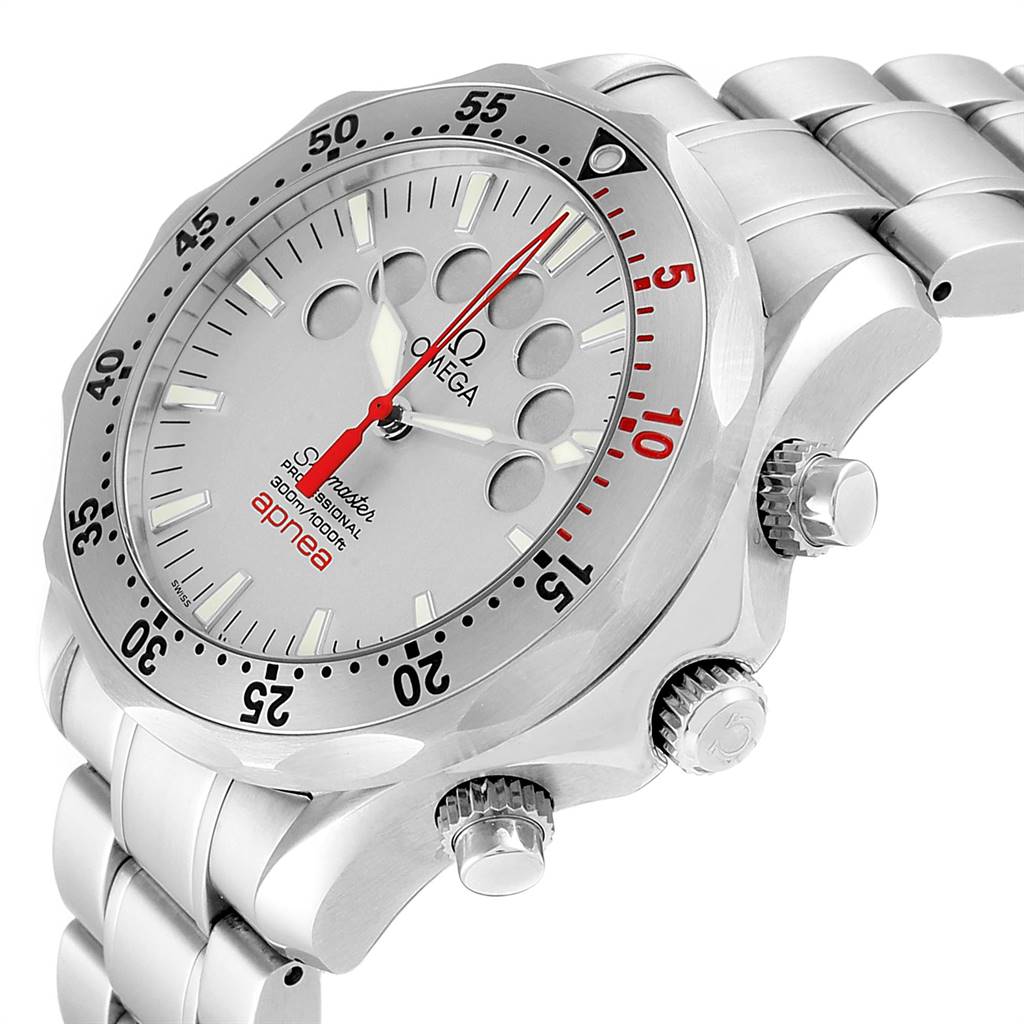 The image shows a side angle of the Omega Seamaster 2595.30.00 Men's Stainless Steel Silver Dial 2595.30.00 Men's Stainless Steel Silver Dial watch, highlighting its face, bezel, crown, and bracelet.