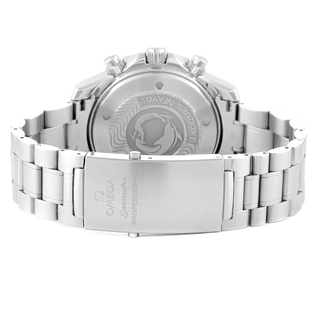 The image shows the back case and bracelet clasp of the Omega Seamaster 2595.30.00 Men's Stainless Steel Silver Dial 2595.30.00 Men's Stainless Steel Silver Dial watch from a rear angle.