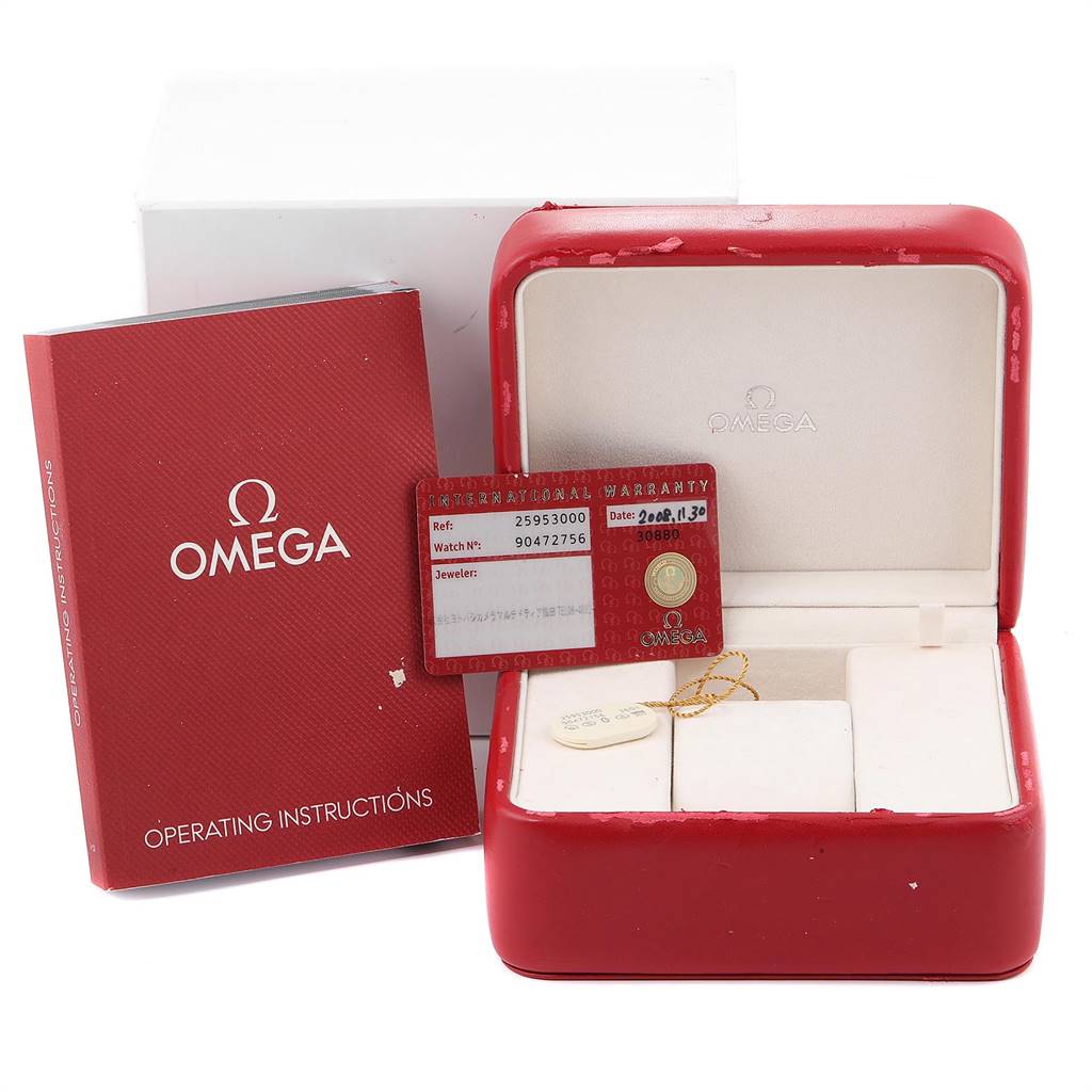 This image shows the Omega Seamaster 2595.30.00 Men's Stainless Steel Silver Dial 2595.30.00 Men's Stainless Steel Silver Dial's red watch box, operating instructions, and warranty card.