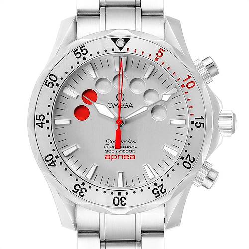The image shows a front view of the Omega Seamaster 2595.30.00 Men's Stainless Steel Silver Dial 2595.30.00 Men's Stainless Steel Silver Dial Apnea watch, highlighting its face, bezel, and bracelet.