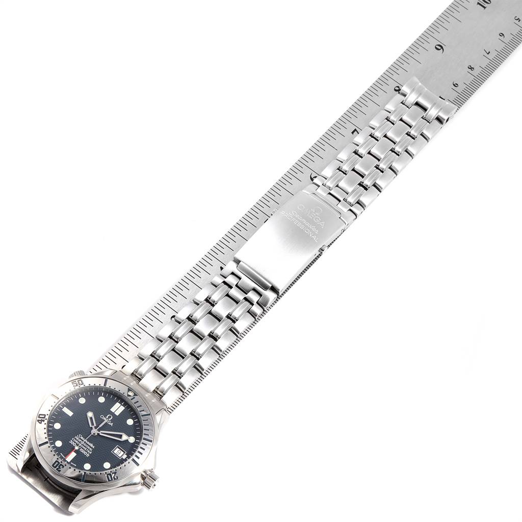 The image shows an overhead view of the Omega Seamaster 2532.80.00 Men's Stainless Steel Grey Dial 2532.80.00 Men's Stainless Steel Grey Dial watch, focusing on its face, stainless steel bracelet, and clasp.