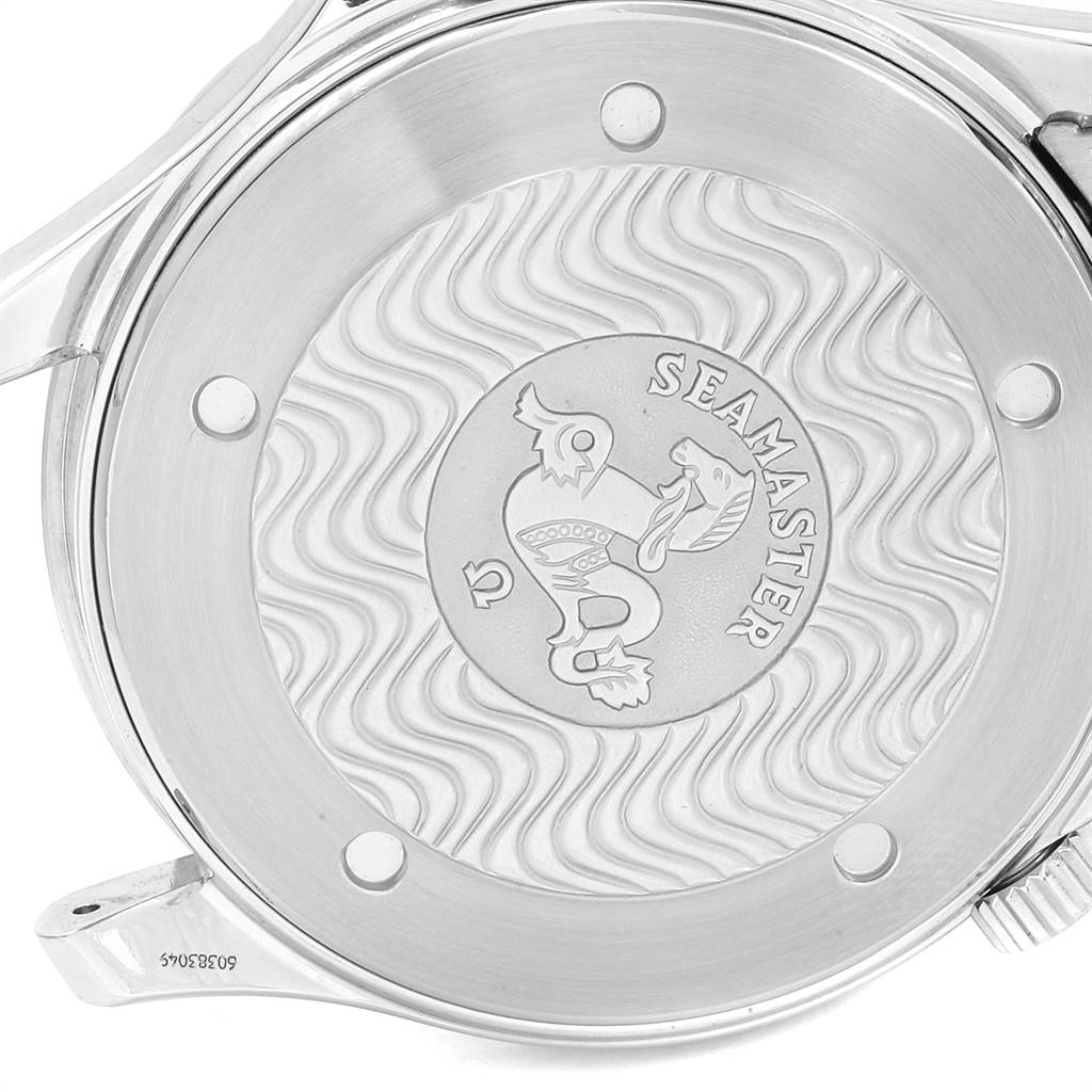 The image shows the back case of an Omega Seamaster 2532.80.00 Men's Stainless Steel Grey Dial 2532.80.00 Men's Stainless Steel Grey Dial watch, featuring the Seamaster logo and decorative wave patterns.