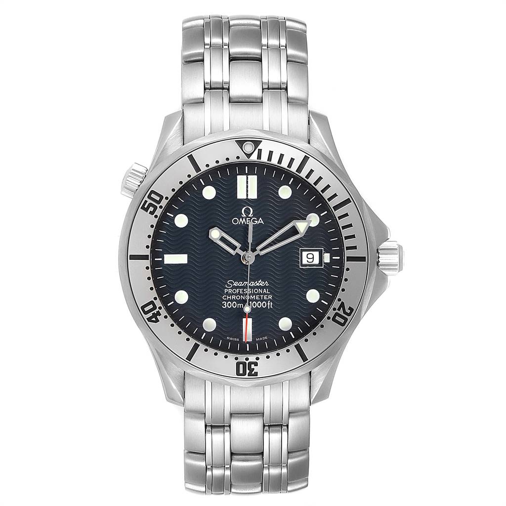 The image shows a front view of an Omega Seamaster 2532.80.00 Men's Stainless Steel Grey Dial 2532.80.00 Men's Stainless Steel Grey Dial watch, displaying its face, bezel, crown, and metal bracelet.