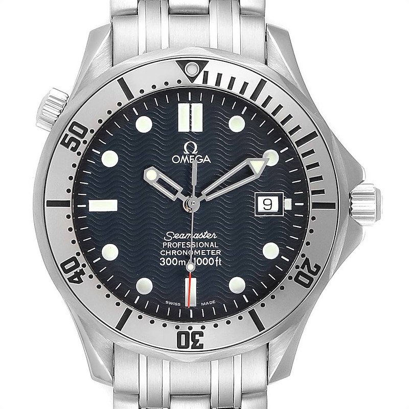 The image displays a front view of the Omega Seamaster 2532.80.00 Men's Stainless Steel Grey Dial 2532.80.00 Men's Stainless Steel Grey Dial watch, showing its face, bezel, and part of the bracelet.