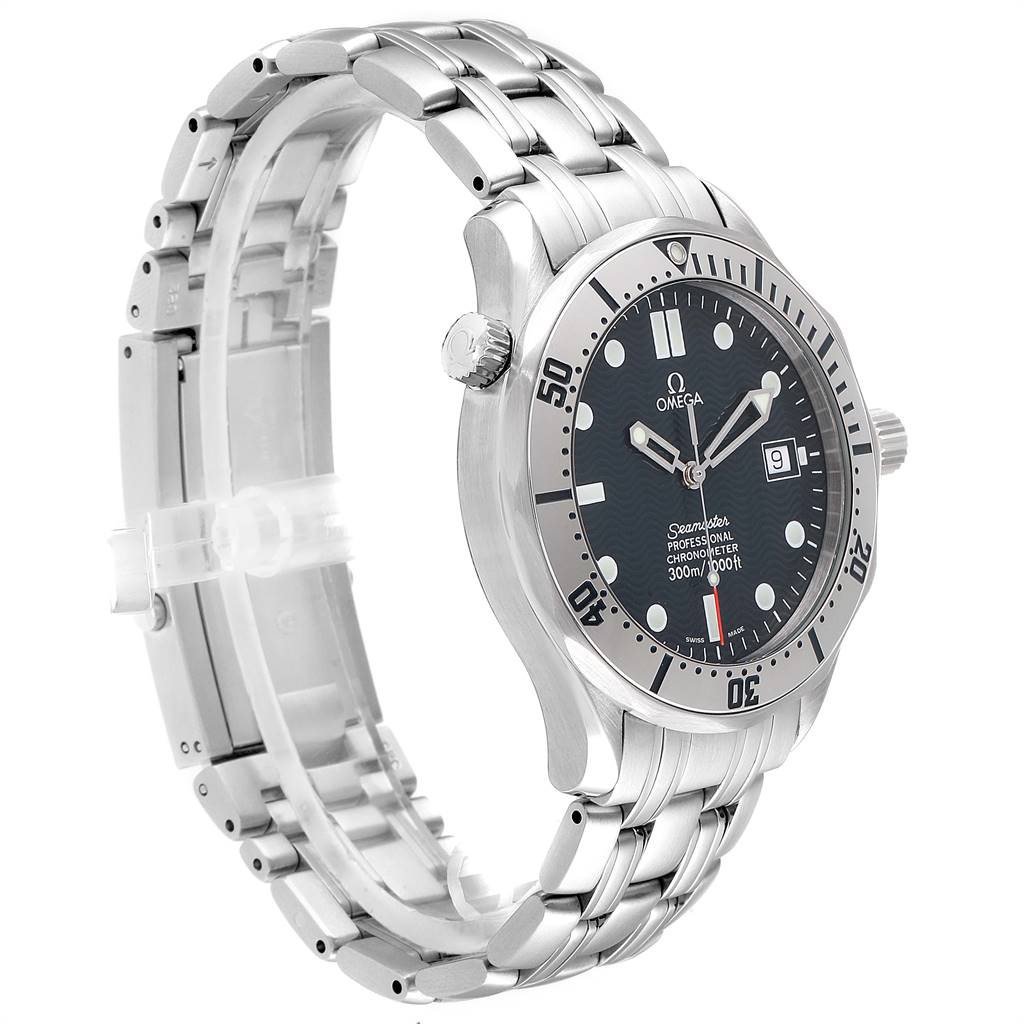 This image of the Omega Seamaster 2532.80.00 Men's Stainless Steel Grey Dial 2532.80.00 Men's Stainless Steel Grey Dial watch shows the full face, bezel, crown, and metal bracelet at a slight side angle.