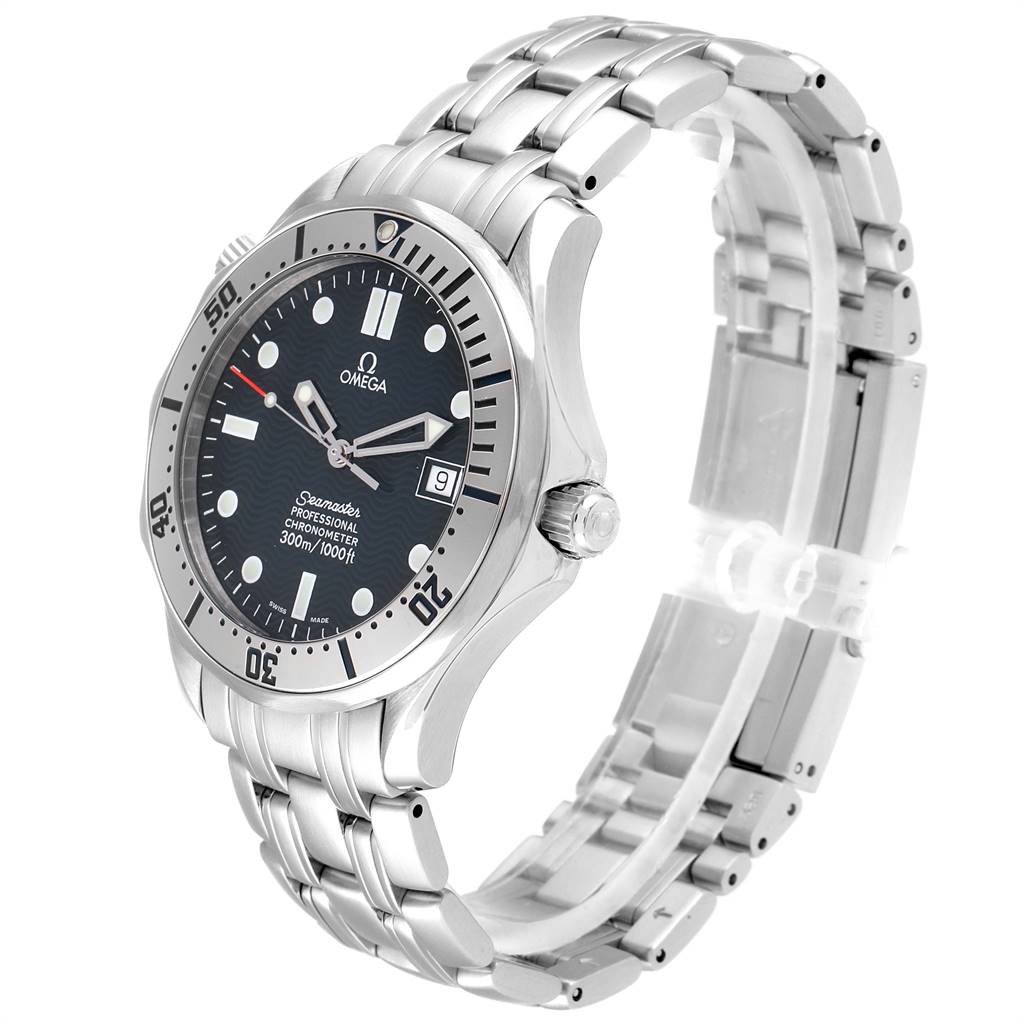 The image shows a side angle of the Omega Seamaster 2532.80.00 Men's Stainless Steel Grey Dial 2532.80.00 Men's Stainless Steel Grey Dial watch featuring its dial, bezel, crown, and metal bracelet.