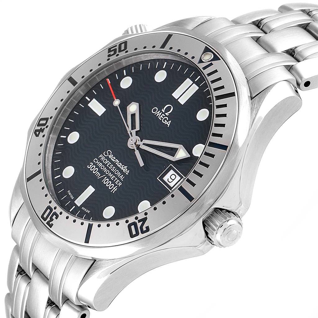 This image shows a side angle of the Omega Seamaster 2532.80.00 Men's Stainless Steel Grey Dial 2532.80.00 Men's Stainless Steel Grey Dial watch, highlighting its dial, bezel, crown, and bracelet.