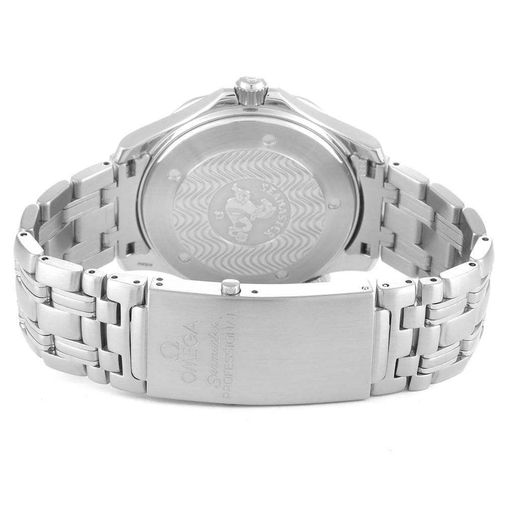 The image shows the back case, crown, and bracelet clasp of an Omega Seamaster 2532.80.00 Men's Stainless Steel Grey Dial 2532.80.00 Men's Stainless Steel Grey Dial watch.