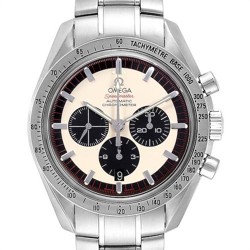 This image shows a front view of the Omega Speedmaster watch, highlighting the dial, subdials, bezel, and bracelet.