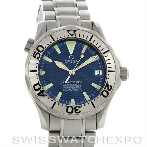 The Omega Seamaster 22538000 Stainless Steel Blue Dial 22538000 Stainless Steel Blue Dial watch is shown from a front angle, displaying the dial, hands, bezel, and part of the stainless steel bracelet.