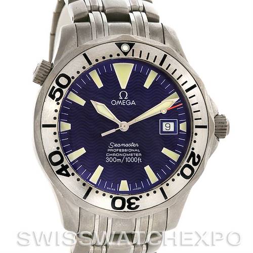 The image shows a front view of the Omega Seamaster 2232.80.00 Men's Titanium Blue Dial 2232.80.00 Men's Titanium Blue Dial watch, highlighting its dial, bezel, and bracelet.