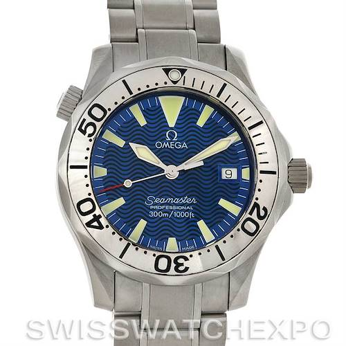This image shows a front view of an Omega Seamaster 2263.80.00 Men's Stainless Steel Blue Dial 2263.80.00 Men's Stainless Steel Blue Dial watch, displaying the dial, bezel, and bracelet.