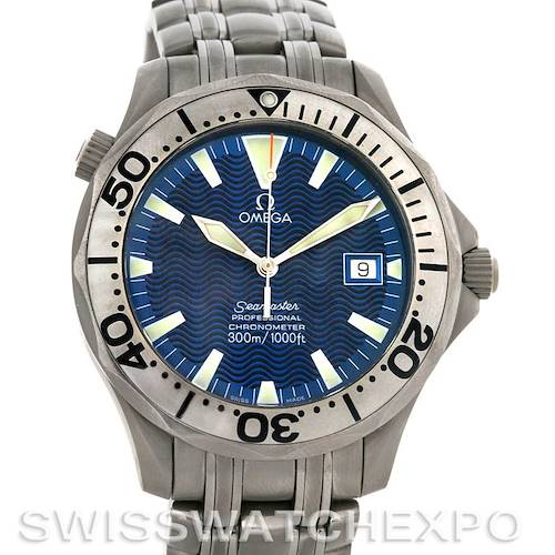 The Omega Seamaster 2231.80.00 Men's Stainless Steel Blue Dial 2231.80.00 Men's Stainless Steel Blue Dial watch is shown from a front angle, highlighting its dial, bezel, and part of the bracelet.