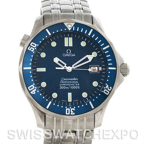 The image shows a front view of an Omega Seamaster 2531.80 Men's Stainless Steel Blue Dial 2531.80 Men's Stainless Steel Blue Dial watch, featuring its face, bezel, and stainless steel bracelet.