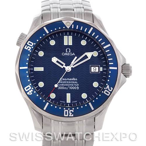 The image shows a front view of an Omega Seamaster 2531.80.00 Men's Stainless Steel Blue Dial 2531.80.00 Men's Stainless Steel Blue Dial watch, displaying its dial, bezel, date window, and stainless steel bracelet.