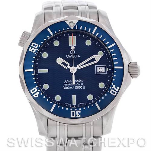 This image shows a front view of the Omega Seamaster 2223.80.00 Men's Stainless Steel Blue Dial 2223.80.00 Men's Stainless Steel Blue Dial watch, highlighting the dial, bezel, crown, and part of the bracelet.