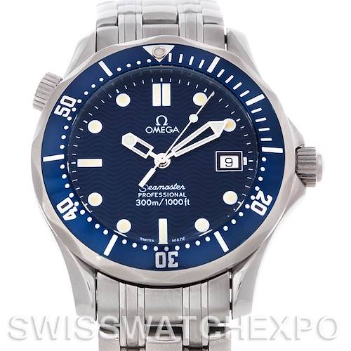 This image shows the Omega Seamaster 2223.80.00 Men's Stainless Steel Blue Dial 2223.80.00 Men's Stainless Steel Blue Dial watch from a front angle, highlighting its dial, bezel, bracelet, and crown.
