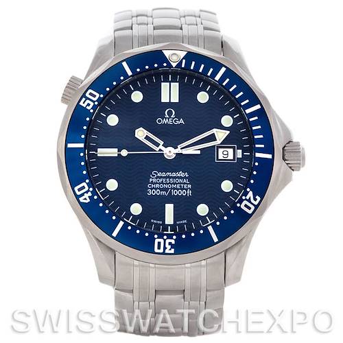 The image shows a front angle of an Omega Seamaster 2531.80.00 Men's Stainless Steel Blue Dial 2531.80.00 Men's Stainless Steel Blue Dial watch displaying the face, bezel, crown, and part of the metal bracelet.