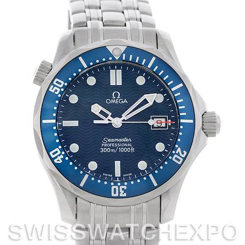 The image shows a front view of an Omega Seamaster 2223.80.00 Men's Stainless Steel Blue Dial 2223.80.00 Men's Stainless Steel Blue Dial watch, highlighting its blue dial, steel bracelet, and bezel markings.