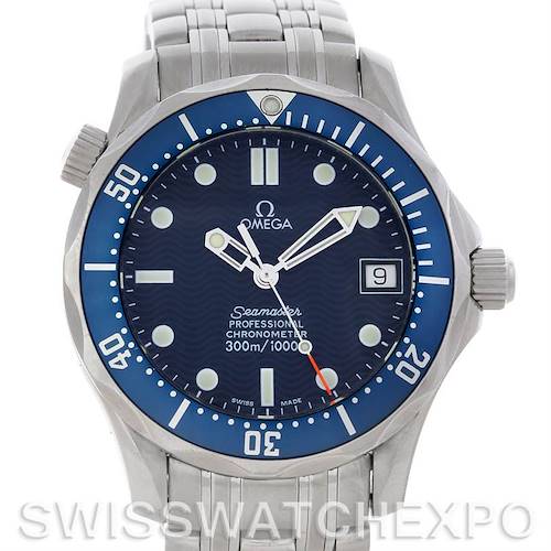 The image shows a front view of the Omega Seamaster 2422.80.00 Men's Stainless Steel Blue Dial 2422.80.00 Men's Stainless Steel Blue Dial watch, featuring its blue dial, stainless steel bracelet, and crown.