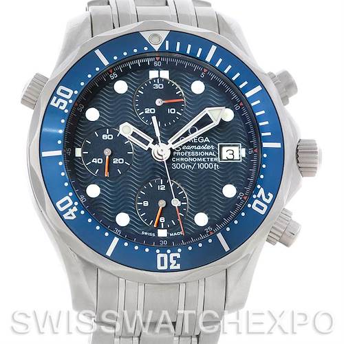 The image shows a frontal view of the Omega Seamaster 2599.80 Men's Stainless Steel Blue Dial 2599.80 Men's Stainless Steel Blue Dial watch, highlighting its dial, bezel, and stainless steel bracelet.