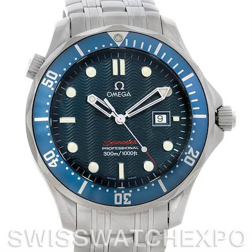 The image shows a front view of the Omega Seamaster 2221.80 Men's Stainless Steel Blue Dial 2221.80 Men's Stainless Steel Blue Dial watch, highlighting its face, bezel, and part of the bracelet.