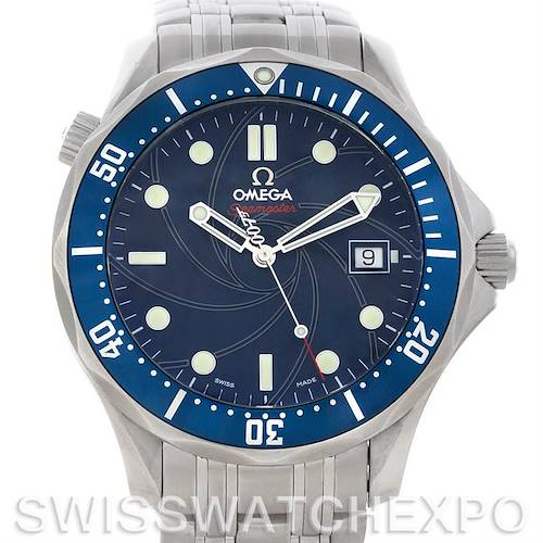 This image shows a front view of an Omega Seamaster 2226.80 Men's Stainless Steel Blue Dial 2226.80 Men's Stainless Steel Blue Dial watch, displaying the dial, bezel, and part of the bracelet.