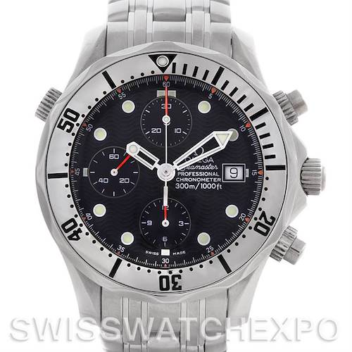 The front view of the Omega Seamaster 2598.80.00 Men's Stainless Steel Blue Dial 2598.80.00 Men's Stainless Steel Blue Dial watch shows the dial, bezel, bracelet, and three sub-dials.