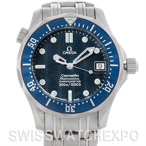 This image shows a front view of the Omega Seamaster 2562.80.00 Men's Stainless Steel Blue Dial 2562.80.00 Men's Stainless Steel Blue Dial Professional Chronometer watch, highlighting its dial, bezel, and bracelet.