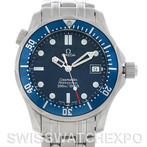This image shows a front view of the Omega Seamaster 2223.80.00 Men's Stainless Steel Blue Dial 2223.80.00 Men's Stainless Steel Blue Dial watch, featuring its face, bezel, and part of the bracelet.