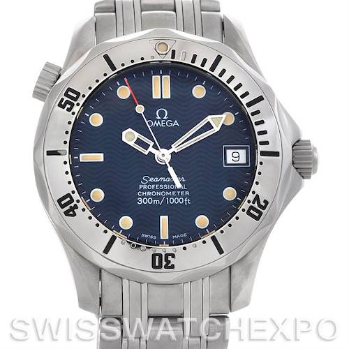 This Omega Seamaster 2562.80.00 Men's Stainless Steel Blue Dial 2562.80.00 Men's Stainless Steel Blue Dial watch is shown from the front, displaying its face, hands, bezel, and part of the strap.